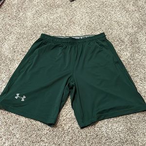 Men’s, size large, Under Armour athletic shorts. Forest green with gray emblem.